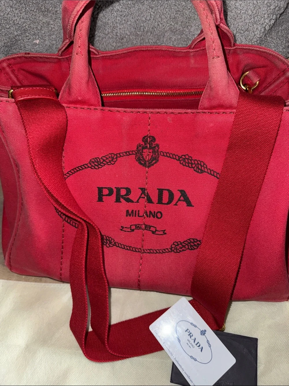 Prada Canapa Pink-Red Canvas Tote with Gold Hardware - Picture 16 of 16